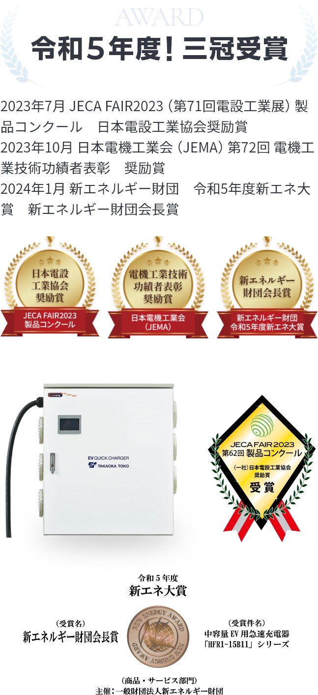 令和5年度!三冠受賞 2023年7月 JECA FAIR2023(第71回電設工業展) 製品コンクール 日本電設工業協会奨励賞、2023年10月 日本電機工業会(JEMA)第72回 電機工業技術功績者表彰 奨励賞、2024年1月 新エネルギー財団 令和5年度新エネ大賞 新エネルギー財団会長賞