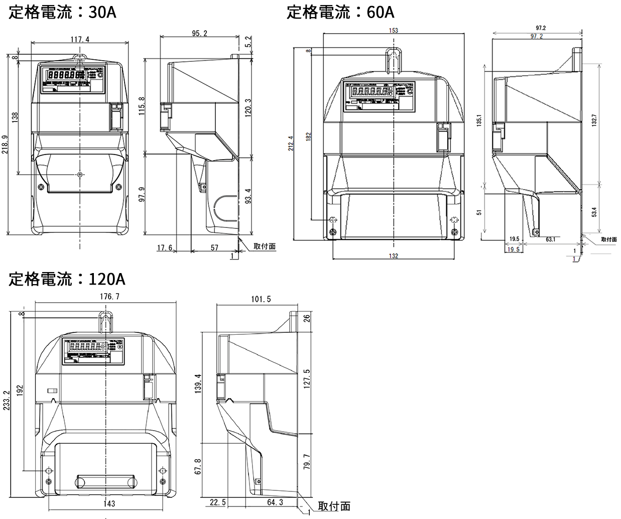 定格電流：30A、定格電流：60A、定格電流：120A